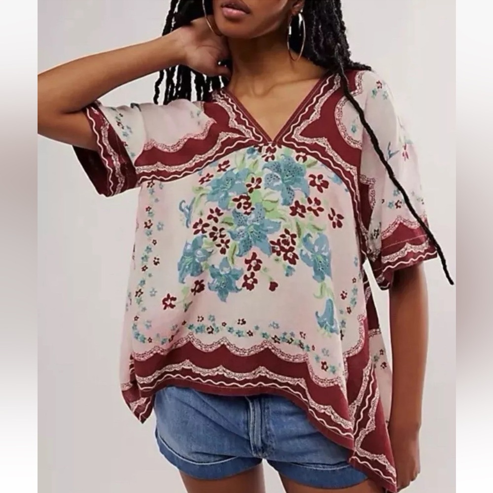 FREE PEOPLE We The Free Washed In Flowers Floral V-Neck Linen Blend Women's Top